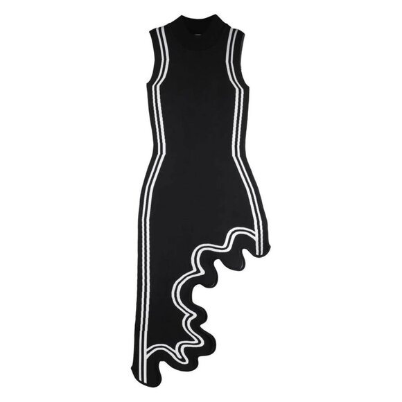 Wave Print Asymmetric Dress - Sexy Y2K Mock Neck Knit Bodycon Sleeveless Dress - Picture 1 of 6